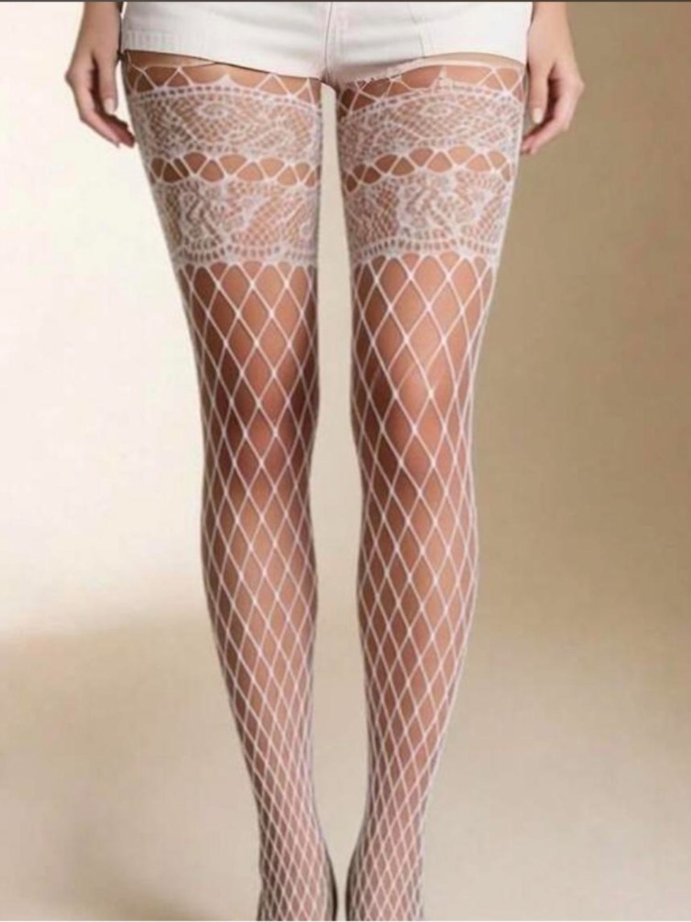White Fishnet Thigh-High tights with Lace Top